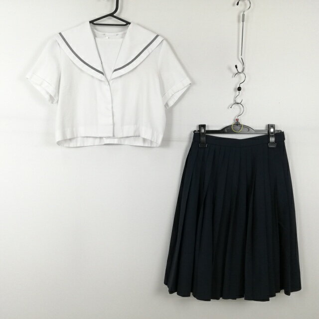 セーラー服 スカート 上下2点セット 大きいサイズ 夏物 グレー1本線 女子 学生服 中学 高校 白 制服 中古 ランクC EY2258
