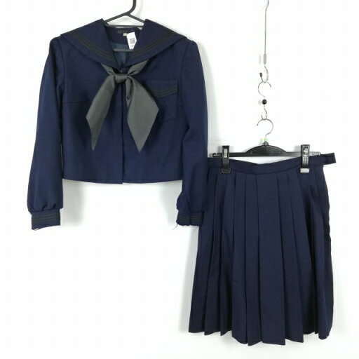 セーラー服 スカート スカーフ 上下3点セット 冬物 黒3本線 女子 学生服 中学 高校 紺 制服 中古 ランクC NA6447 セーラー服 スカート スカーフ 上下3点セット 冬物 黒3本線 女子 学生服 中学 高校 紺 制服 中古 ランクC NA6447
