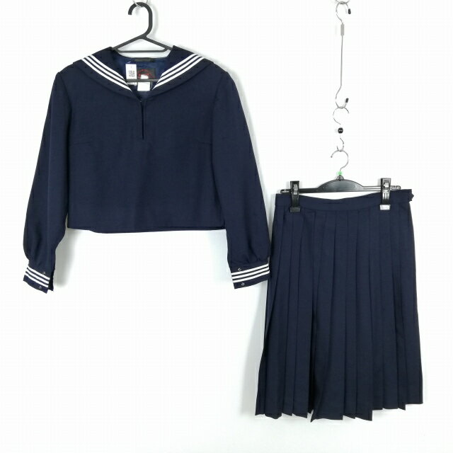 セーラー服 スカート 上下2点セット 大きいサイズ 冬物 白3本線 女子 学生服 中学 高校 紺 制服 中古 ランクC NA6579