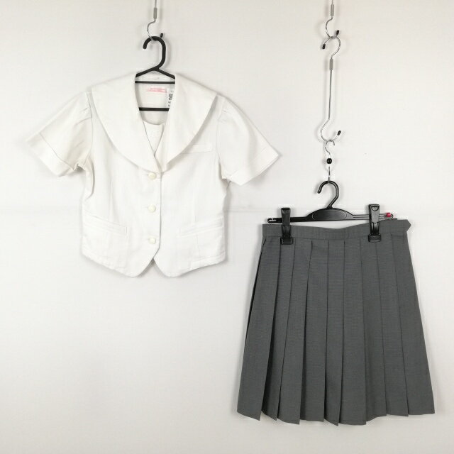 セーラー服 チェックスカート 上下2点セット M 夏物 女子 学生服 中学 高校 白 制服 中古 ランクC NA0690