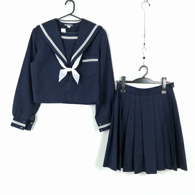 セーラー服 スカート 上下2点セット 大きいサイズ 冬物 白3本線 女子 学生服 中学 高校 紺 制服 中古 ランクC NA1954