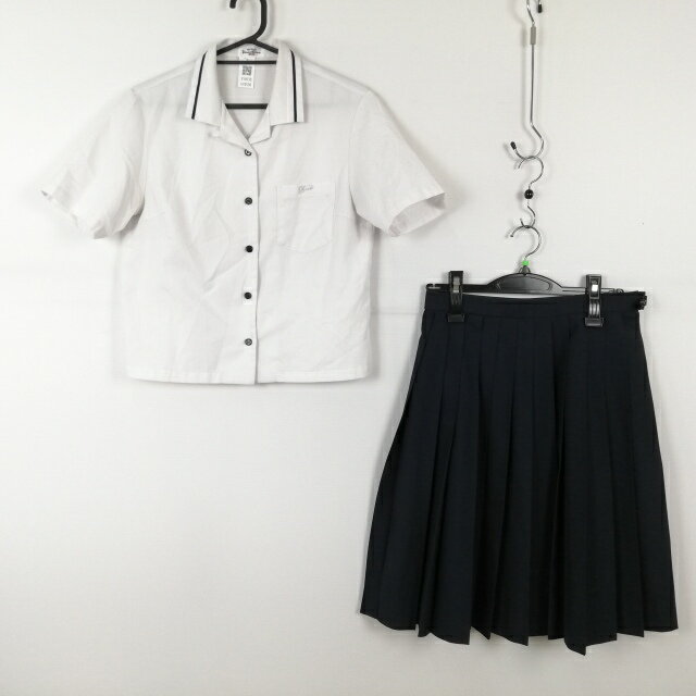 ブラウス スカート 上下2点セット 富士ヨット 夏物 青1本線 女子 学生服 岡山倉敷中央高校 白 制服 中古 ランクC EY0530