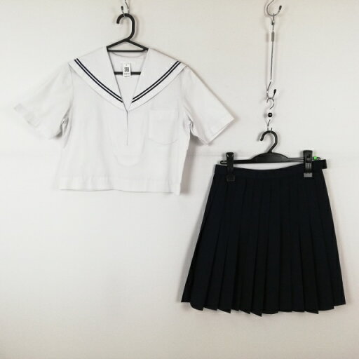 セーラー服 スカート 上下2点セット 夏物 青2本線 女子 学生服 中学 高校 白 制服 中古 ランクC NA0578 セーラー服 スカート 上下2点セット 夏物 青2本線 女子 学生服 中学 高校 白 制服 中古 ランクC NA0578