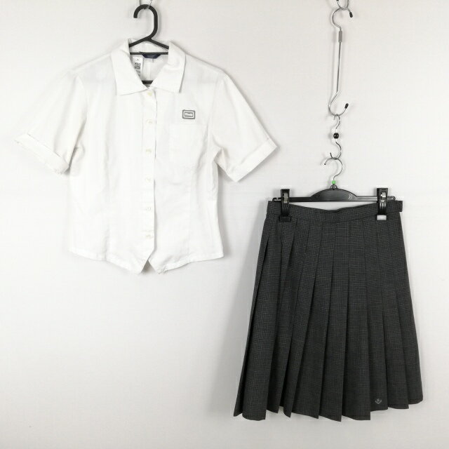 ブラウス チェックスカート 上下2点セット M 夏物 女子 学生服 兵庫網干高校 白 制服 中古 ランクB EY0106