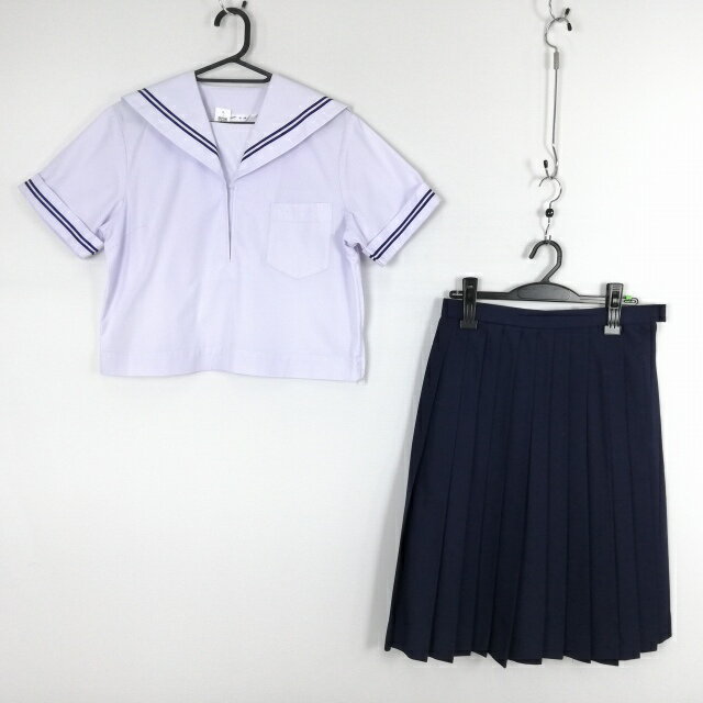 セーラー服 スカート 上下2点セット 大きいサイズ 夏物 青2本線 女子 学生服 中学 高校 白 制服 中古 ランクC NA0163