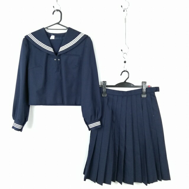 セーラー服 スカート 上下2点セット トンボ 冬物 白3本線 女子 学生服 中学 高校 紺 制服 中古 ランクC NA0891