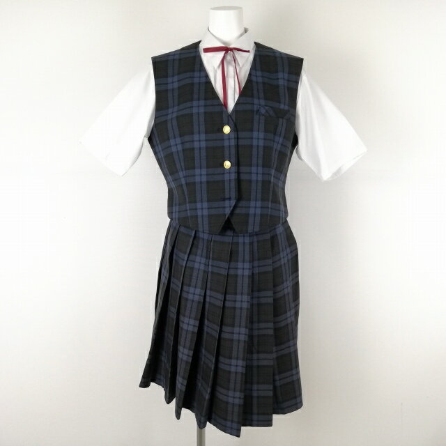 ベスト チェックスカート 紐タイ 上下4点セット 冬物 女子 学生服 中学 高校 制服 中古 ランクC NA1984