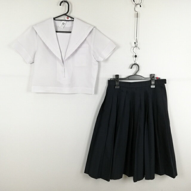 セーラー服 スカート 上下2点セット 夏物 白2本線 女子 学生服 中学 高校 白 制服 中古 ランクC NA7108