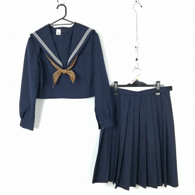 セーラー服 スカート スカーフ 上下3点セット 大きいサイズ カンコー 冬物 白3本線 女子 学生服 中学 高校 紺 中古 ランクC NA1825