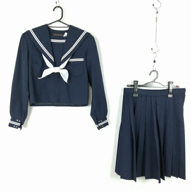 セーラー服 スカート スカーフ 上下3点セット 冬物 白2本線 女子 学生服 中学 高校 紺 制服 中古 ランクC NA2036
