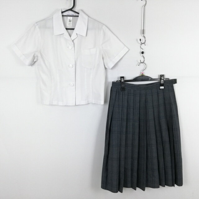 ブラウス チェックスカート 上下2点セット 夏物 女子 学生服 中学 高校 白 制服 中古 ランクC NA8059