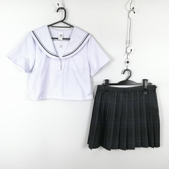 コスプレ セーラー服 ミニスカート 上下2点セット L 青グレー各1本線 女子 学生服 中学 高校 白 制服 中古 GM1767