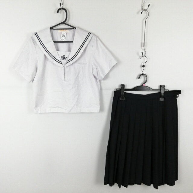 コスプレ セーラー服 スカート 上下2点セット XL 青2本線 女子 学生服 中学 高校 白 制服 中古 GM1778