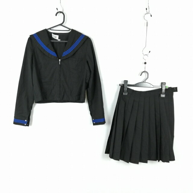 コスプレ セーラー服 スカート 上下2点セット L 青3本線 女子 学生服 中学 高校 黒 制服 中古 GM1055