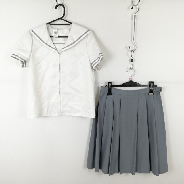 コスプレ セーラー服 スカート 上下2点セット L グレー1本線 女子 学生服 中学 高校 白 制服 中古 GM1922