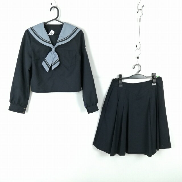 コスプレ セーラー服 スカート ネクタイ 上下3点セット S 黒2本線 女子 学生服 中学 高校 紺 制服 中古 GM1926
