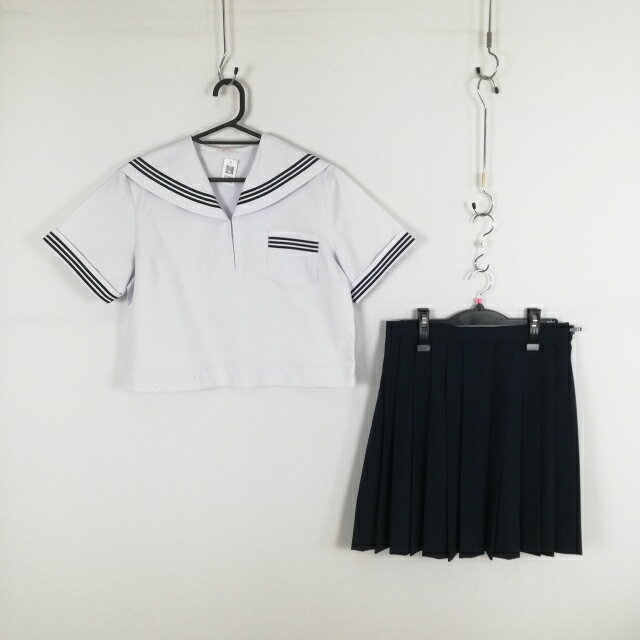 セーラー服 スカート 上下2点セット カンコー 夏物 青3本線 女子 学生服 中学 高校 白 制服 中古 ランクC EY2418