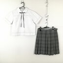 ブラウス チェックスカート 紐タイ 上下3点セット M 大きいサイズ 夏物 女子 学生服 鹿児島西紫原中学 白 制服 中古 ランクC EY0813