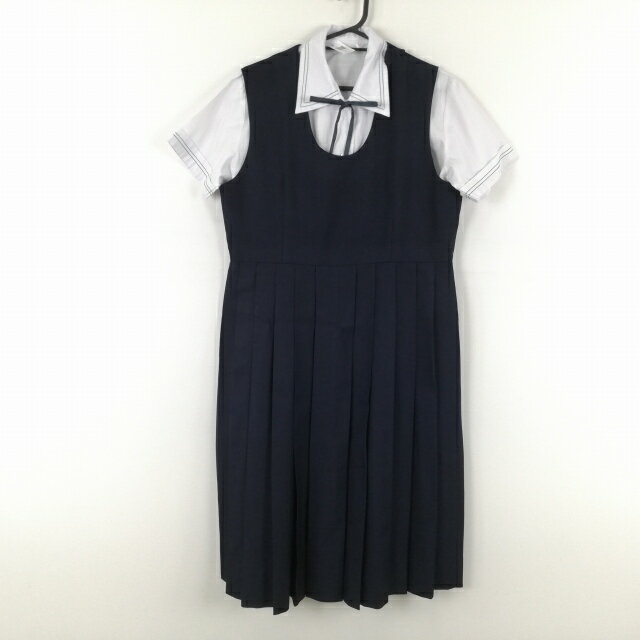 ジャンパースカート 紐タイ バスト100 ウエスト86 大きいサイズ 冬物 女子 学生服 熊本八代中学 紺 制服 中古 ランクC EY3575