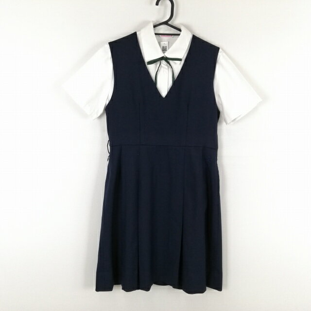 ジャンパースカート 紐タイ バスト90 ウエスト78 冬物 女子 学生服 熊本高校 紺 制服 中古 ランクC EY3970