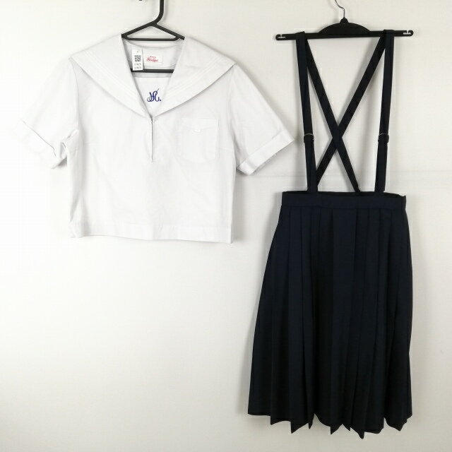 セーラー服 スカート 上下2点セット 170A 大きいサイズ カンコー 夏物 白3本線 女子 学生服 兵庫飾磨東中学 白 中古 ランクC EY4635