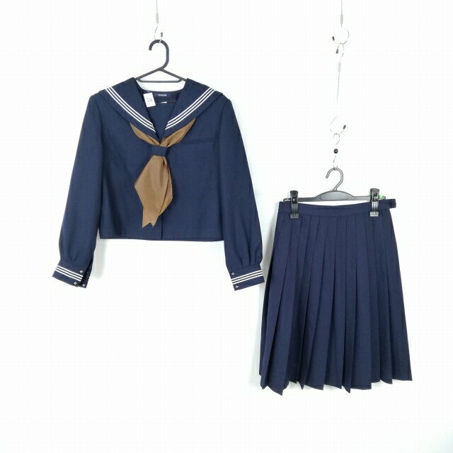 セーラー服 スカート スカーフ 上下3点セット 165A 大きいサイズ トンボ 冬物 白3本線 女子 学生服 中学 高校 紺 中古 ランクC NA0823