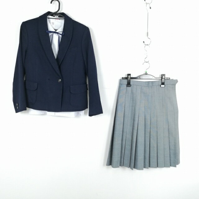 ブレザー スカート 紐タイ 上下4点セット 冬物 女子 学生服 中学 高校 紺 制服 中古 ランクC EY5263
