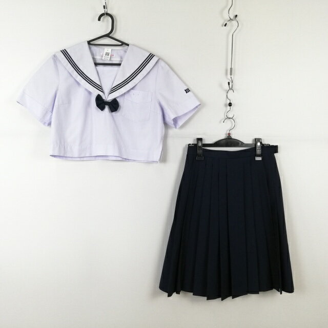 セーラー服 スカート リボン 上下3点セット 夏物 青3本線 女子 学生服 福岡春日野中学 白 制服 中古 ランクC NA3206