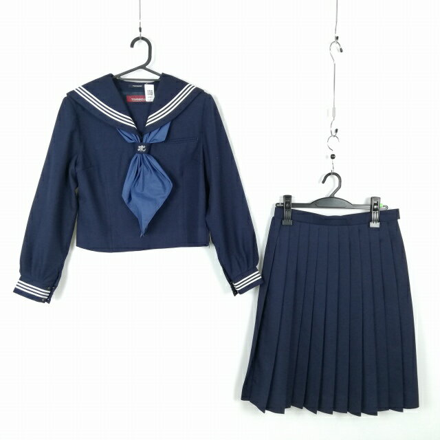 セーラー服 スカート スカーフ 上下3点セット 165A トンボ 冬物 白3本線 女子 学生服 中学 高校 紺 制服 中古 ランクC NA4911
