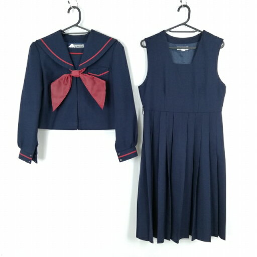 セーラー服 ジャンパースカート スカーフ 上下3点セット 冬物 赤1本線 女子 学生服 中学 高校 紺 制服 中古 ランクC EY5529 セーラー服 ジャンパースカート スカーフ 上下3点セット 冬物 赤1本線 女子 学生服 中学 高校 紺 制服 中古 ランクC EY5529