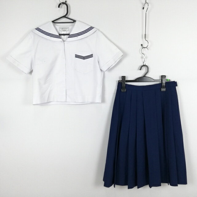 セーラー服 スカート 上下2点セット L 大きいサイズ 夏物 青3本線 女子 学生服 中学 高校 白 制服 中古 ランクC EY5537
