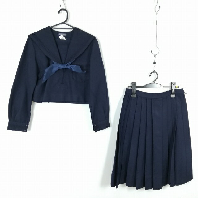 セーラー服 スカート スカーフ 上下3点セット 大きいサイズ 冬物 青3本線 女子 学生服 中学 高校 紺 制服 中古 ランクC NA2141