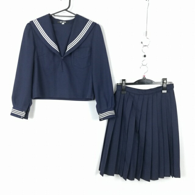 セーラー服 スカート 上下2点セット 160A 冬物 白3本線 女子 学生服 中学 高校 紺 制服 中古 ランクC NA2155