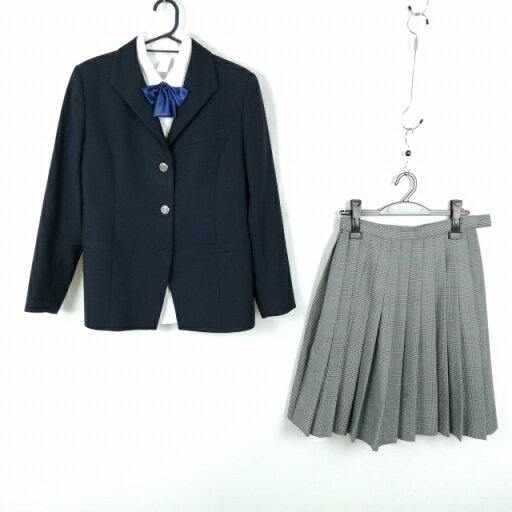 ブレザー チェックスカート リボン 上下4点セット L トンボ 冬物 女子 学生服 中学 高校 紺 制服 中古 ランクC EY6507 ブレザー チェックスカート リボン 上下4点セット L トンボ 冬物 女子 学生服 中学 高校 紺 制服 中古 ランクC EY6507