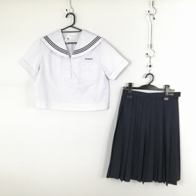 セーラー服 スカート 上下2点セット 指定 大きいサイズ 夏物 青3本線 女子 学生服 大阪吹田豊津中学 白 制服 中古 ランクC EY6890
