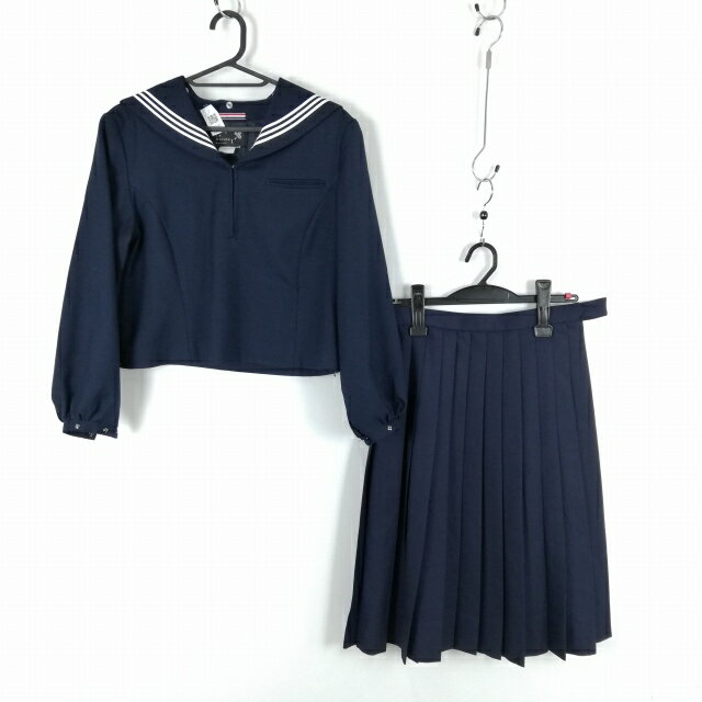 セーラー服 スカート 上下2点セット 冬物 白3本線 女子 学生服 中学 高校 紺 制服 中古 ランクC NA3342