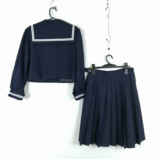 セーラー服 スカート スカーフ 上下3点セット 冬物 白2本線 女子 学生服 中学 高校 紺 制服 中古 ランクC NA3344