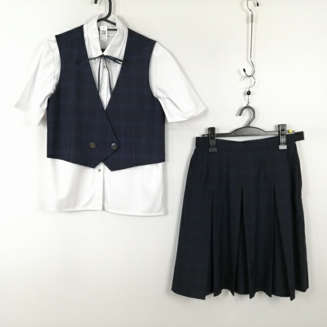 ベスト チェックスカート 紐タイ 上下4点セット Le Printemps 指定 夏物 女子 学生服 神奈川東海大学付属相模中学高校 制服 中古 ランクC EY7041