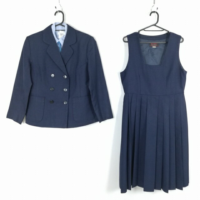 ブレザー ジャンパースカート 紐タイ 上下4点セット 冬物 女子 学生服 中学 高校 紺 制服 中古 ランクC EY7097