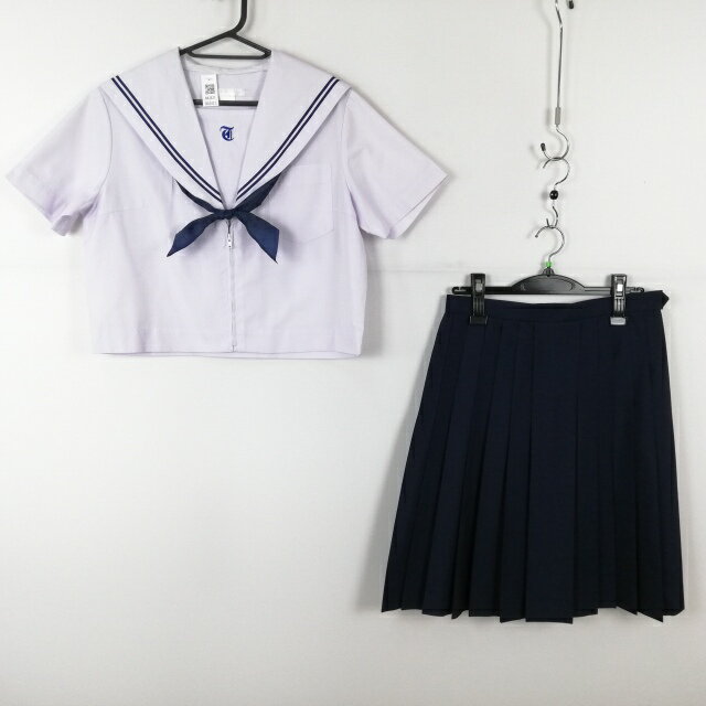 セーラー服 スカート スカーフ 上下3点セット 大きいサイズ 夏物 青2本線 女子 学生服 中学 高校 白 制服 中古 ランクC NA3421