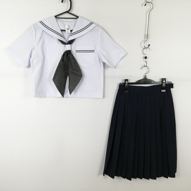 セーラー服 スカート スカーフ 上下3点セット 夏物 青2本線 女子 学生服 中学 高校 白 制服 中古 ランクB NA3482