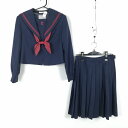 セーラー服 スカート スカーフ 上下3点セット 160A トンボ 冬物 赤2本線 女子 学生服 大分中津中学 紺 制服 中古 ランクC EY1155