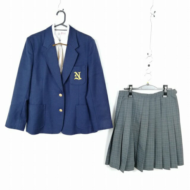 ブレザー チェックスカート 紐タイ 上下4点セット 大きいサイズ 冬物 女子 学生服 中学 高校 紺 制服 中古 ランクC EY7305