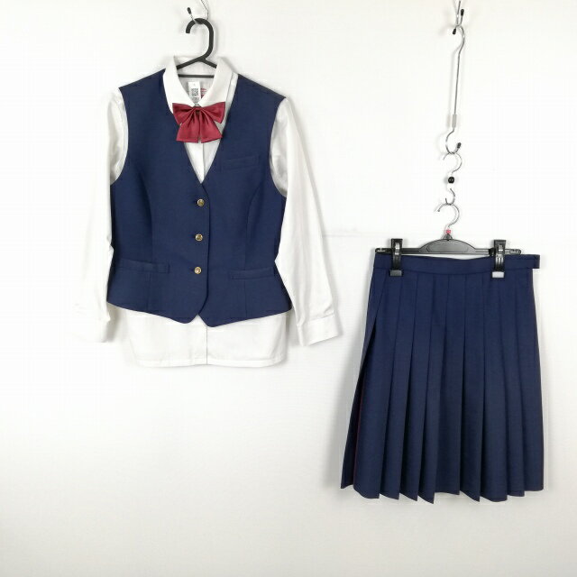 ベスト スカート リボン 上下4点セット 指定 冬物 女子 学生服 中学 高校 花紺 制服 中古 ランクC EY7452