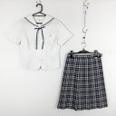 セーラー服 チェックスカート 紐タイ 上下3点セット M 富士ヨット 夏物 青2本線 女子 学生服 大分中津東高校 白 中古 ランクC NA3507