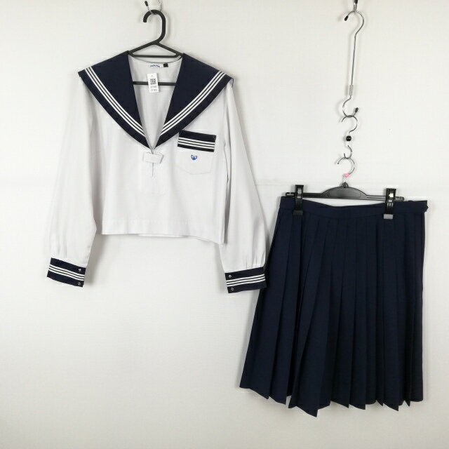 セーラー服 スカート 上下2点セット 160A 大きいサイズ 中間服 白3本線 女子 学生服 高知日高中学 白 制服 中古 ランクC EY7492