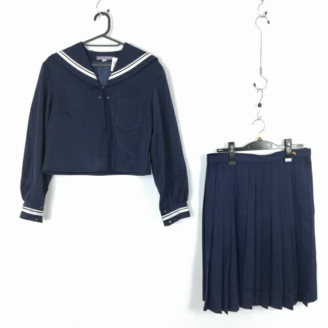 セーラー服 スカート 上下2点セット 大きいサイズ 冬物 白2本線 女子 学生服 中学 高校 紺 制服 中古 ランクC EY7532