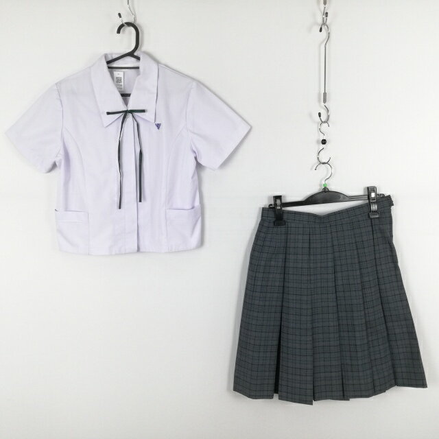 ブラウス チェックスカート 紐タイ 上下3点セット 夏物 女子 学生服 中学 高校 白 制服 中古 ランクC EY7588
