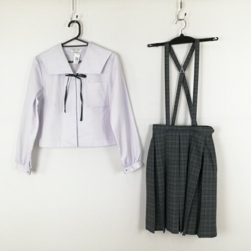 セーラー服 チェックスカート 紐タイ 上下3点セット M 中間服 女子 学生服 中学 高校 白 制服 中古 ランクC EY7645 セーラー服 チェックスカート 紐タイ 上下3点セット M 中間服 女子 学生服 中学 高校 白 制服 中古 ランクC EY7645
