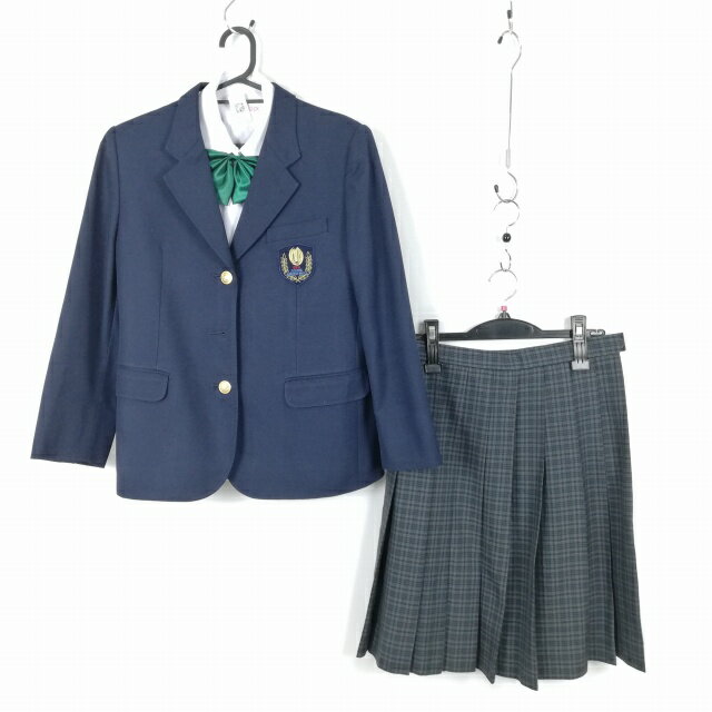 ブレザー チェックスカート リボン 上下4点セット L 冬物 女子 学生服 高知小津中学 紺 制服 中古 ランクC NA3645